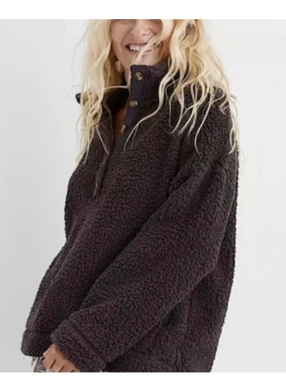 aerie Olive Green Sherpa Snap-Button Pullover Jacket